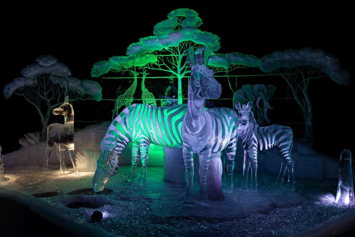 Zebras in der Eis-Savanne – geschnitzt vom Russen Andrey Koshelev (Karls Erlebnis-Dorf)