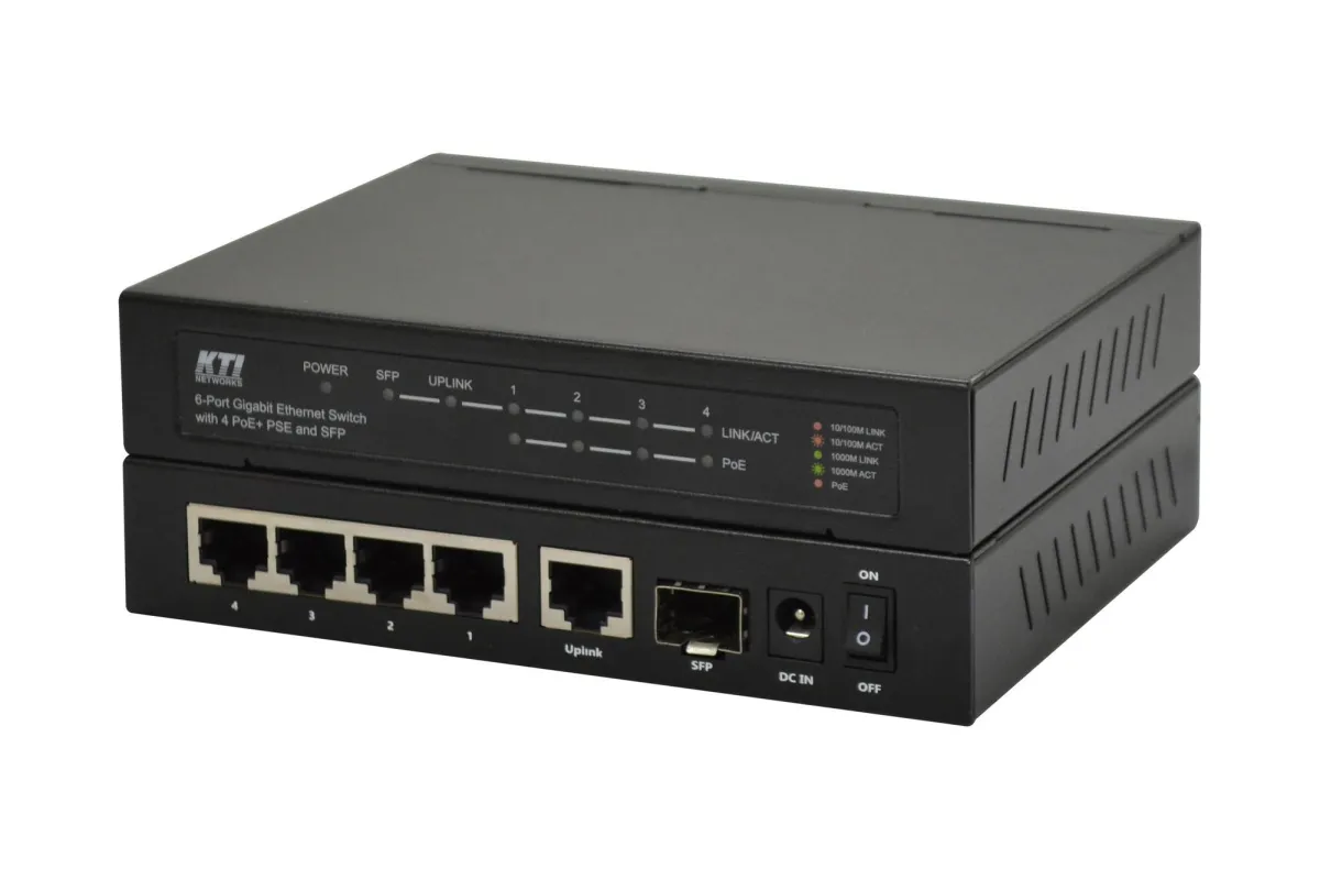 Der KGS-0601-4HP hat auf seiner Rückseite (unten) neben einem SFP- auch vier High-PoE-Ports (PoE+).