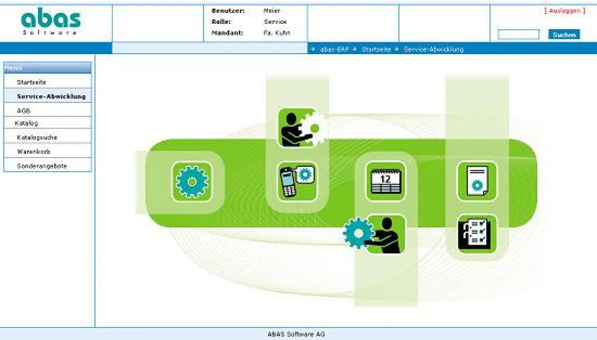 Einstiegsseite Servicecenter abas-eB- konzipiert für Touchpad oder -screen.