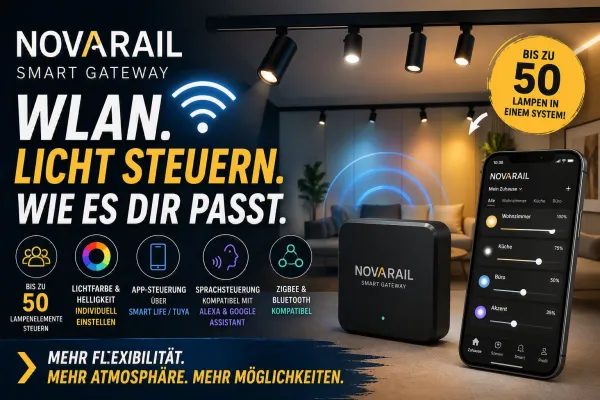 Bild: Bis zu 50 Leuchten per App steuern: NOVARAIL Smart Gateway verbindet LED-Schienensystem direkt mit dem WLAN