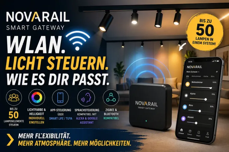 Bild: Bis zu 50 Leuchten per App steuern: NOVARAIL Smart Gateway verbindet LED-Schienensystem direkt mit dem WLAN