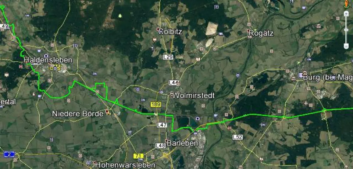 Die grüne Linie zeigt den Trassenverlauf von Calvörde nach Schopsdorf