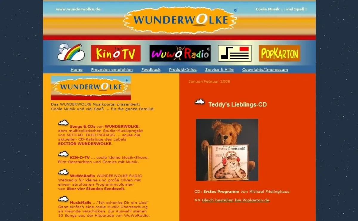 Die WUNDERWOLKE-Homepage im neuen Design (Coole Musik und viel Spaß ... für die ganze Familie.) www.wunderwolke.de