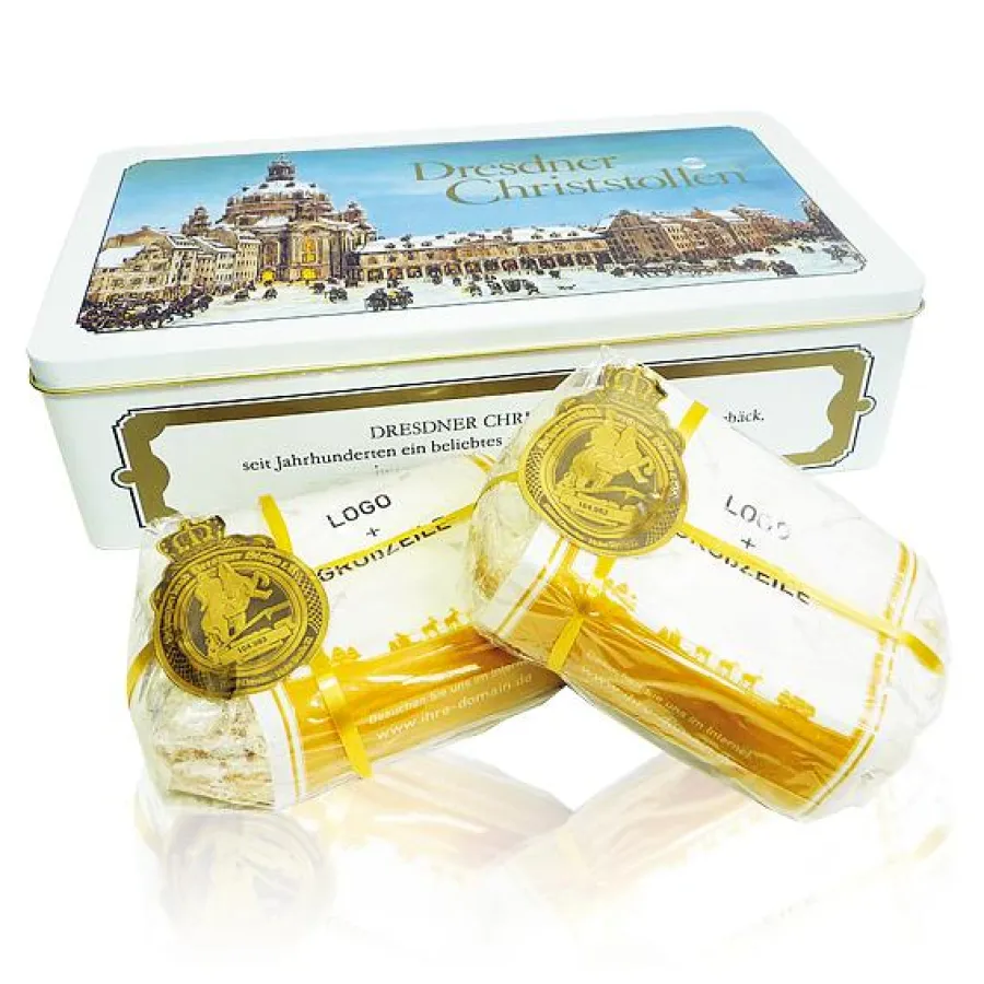 Mini-Rosinenstollen, handgefertigt in Dresden und mit Firmenbanderole umwickelt