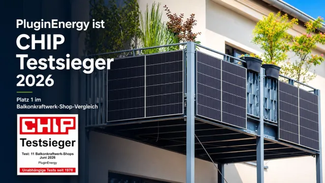 Bild: PluginEnergy ist CHIP Testsieger 2026 im Vergleich der Balkonkraftwerk-Shops