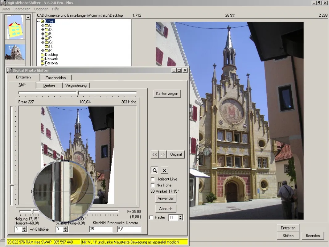 DigitalPhotoShifter Bedienoberfläche mit Lupenfunktion