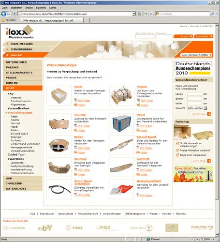 iloxx.de nach dem Relaunch. Großer Wert wurde auf Tipps, Hinweise und Hilfestellungen gelegt.