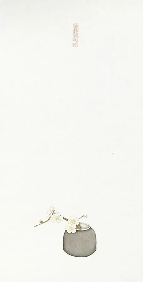 Small black jar and white plum blossom, 2012, ink on Chinese rice paper, 69x33cm. Galerie