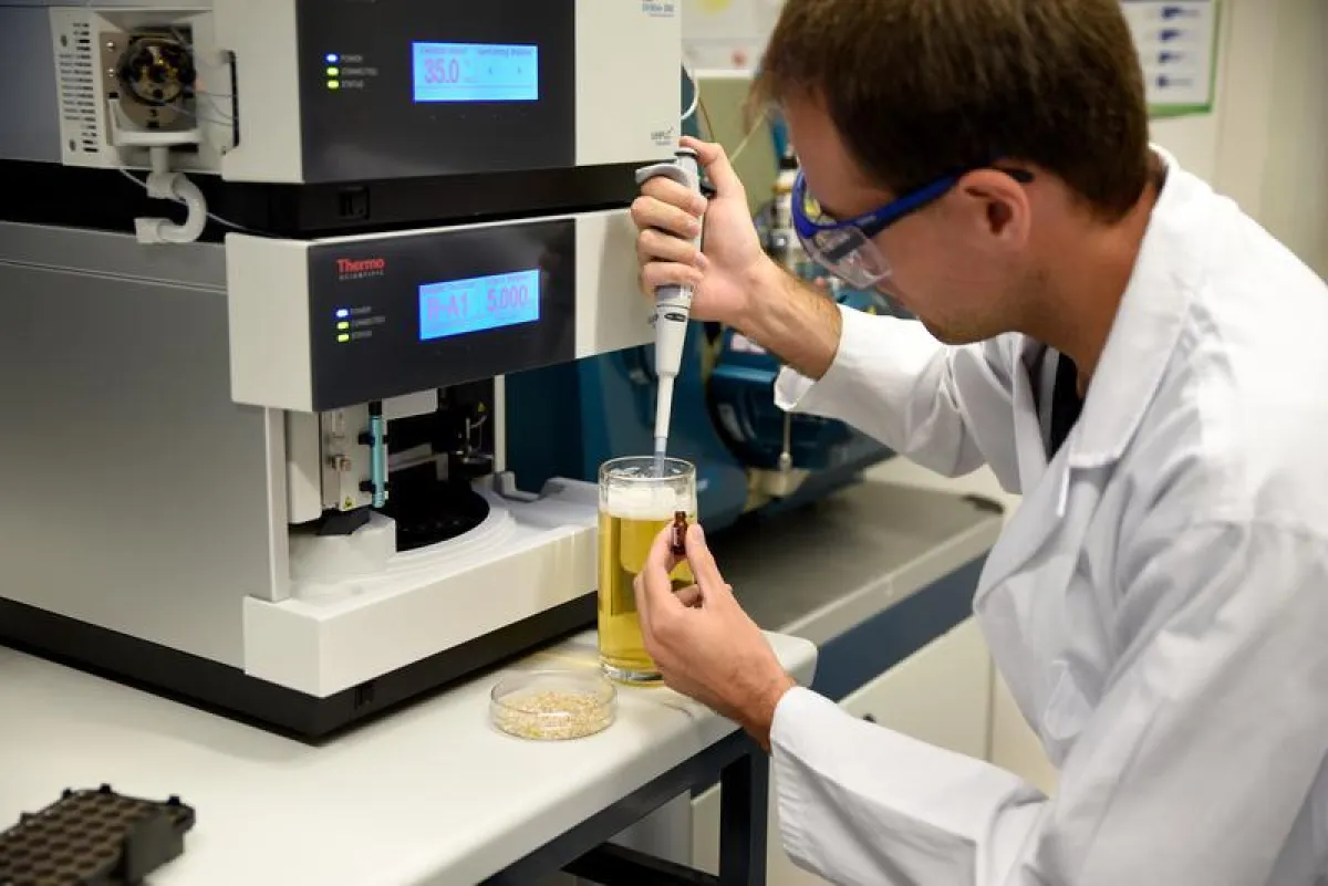 FAU-based researcher Thomas Sommer preparing a sample of beer. After processing, the level of hordenine in the sample is determined using high-performance liquid chromatography and mass spectrometry.