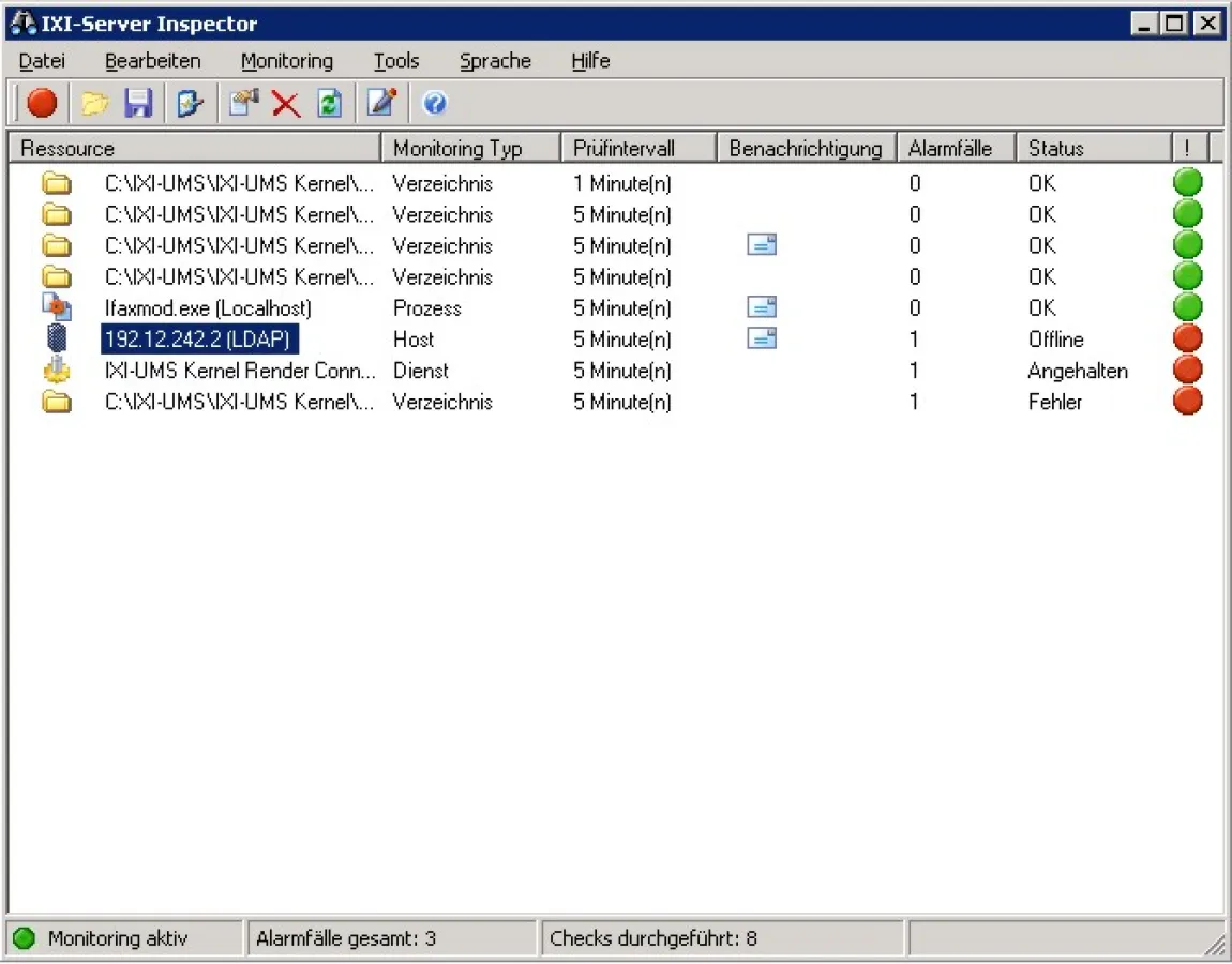 Mit dem IXI-Server Inspector können IXI-UMS Funktionen überwacht werden. Zusätzlich kann der Administrator, z.B. per E-Mail, automatisch über einen Ausnahmezustand informiert werden