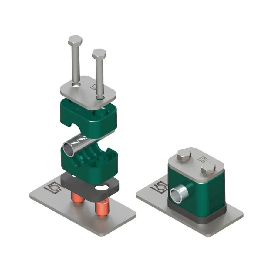 Aufbau einer Komplettschelle, die mit Schweißbolzen  auf der Unterkonstruktion befestigt wird