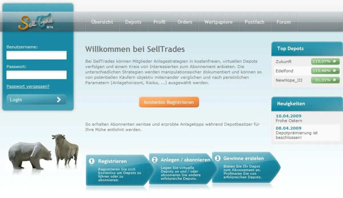 Homepage der SellTrades-Plattform