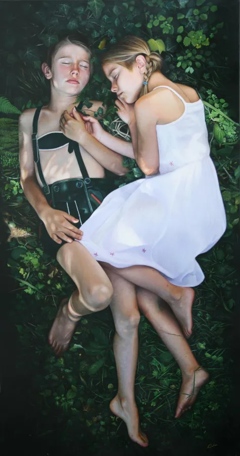 Jorge Villalba, Hänsel und Gretel, Öl auf Leinwand, 105x200 cm