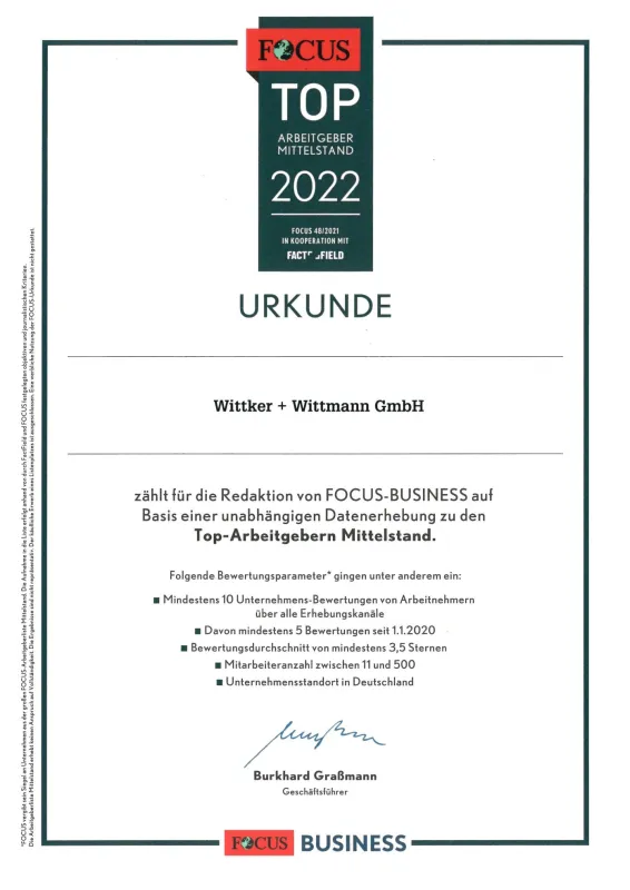 Urkunde TOP-Arbeitgeber Mittelkstand