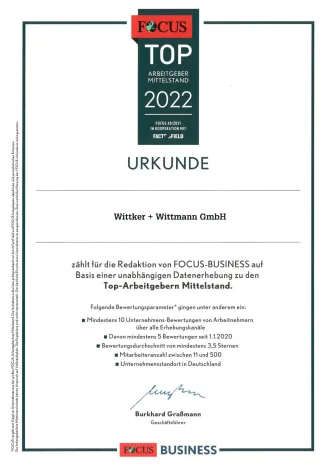Wittker + Wittmann ist TOP-Arbeitgeber Mittelstand Bild: Wittker + Wittmann ist TOP-Arbeitgeber Mittelstand