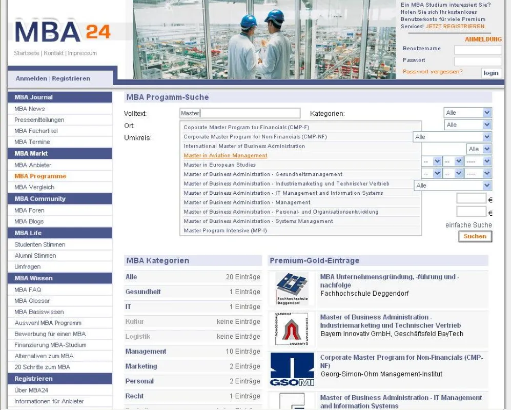 Suchfunktionen der MBA Programme auf MBA24.com