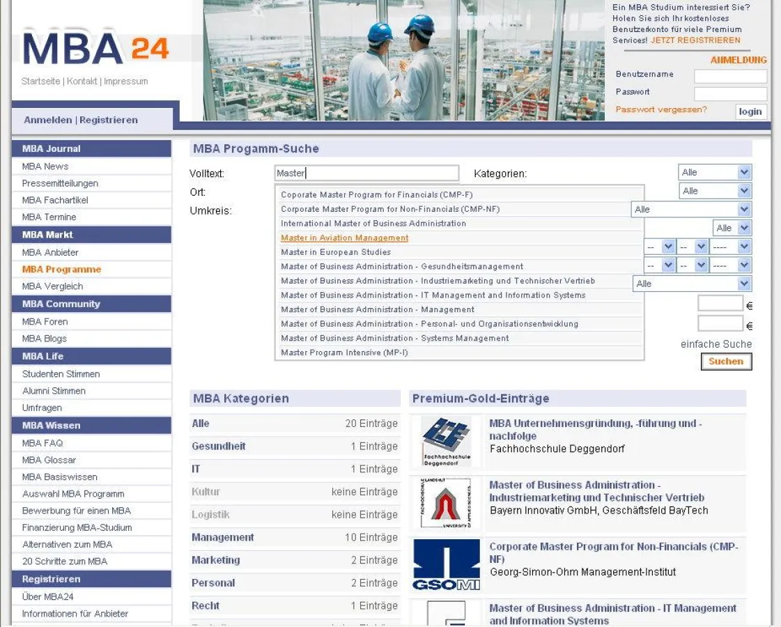 Suchfunktionen der MBA Programme auf MBA24.com