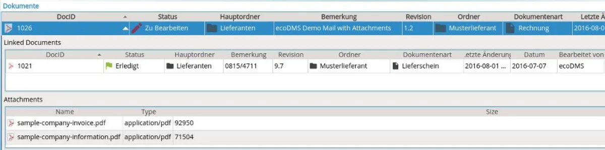 Erster Screenshot der Dokumentenverlinkung und E-Mail Ablage in ecoDMS