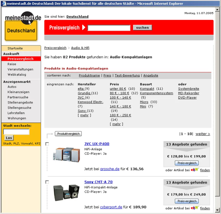 Shopping-Plattform mit Preisvergleich bei www.meinestadt.de
