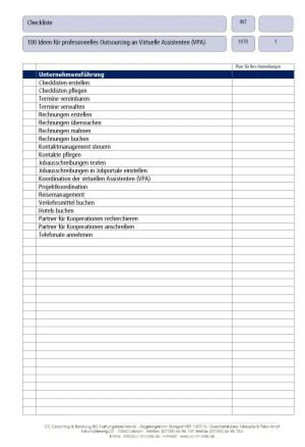 Checkliste 181 Ideen für Outsourcing (Ausschnitt)