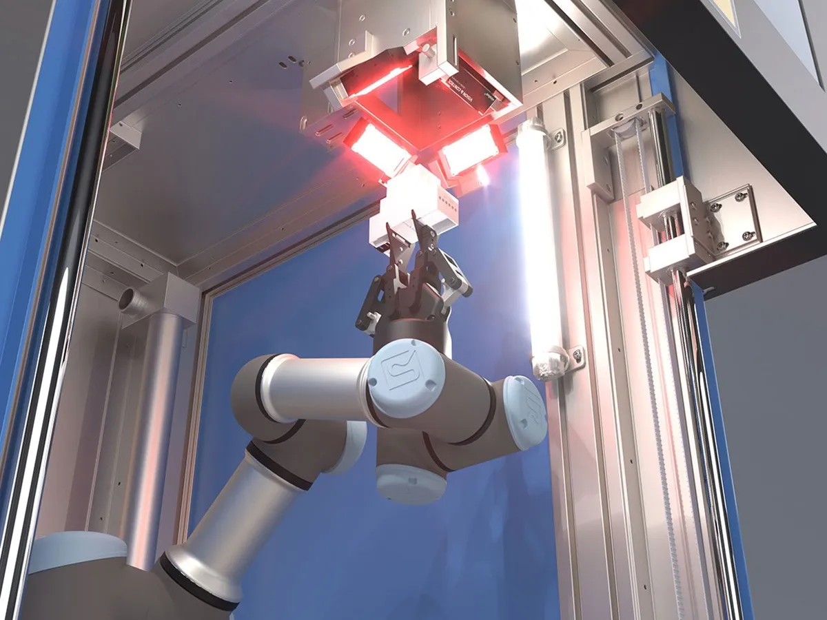 Blick in eine Lasermarkierstation mit Roboter und Visionsystem (© ACI Laser)