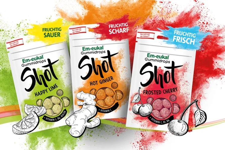 Bild: Die Em-eukal® Gummidrops Shots mit dem gewissen Extra sorgen für intensiven Kau-Spaß das ganze Jahr