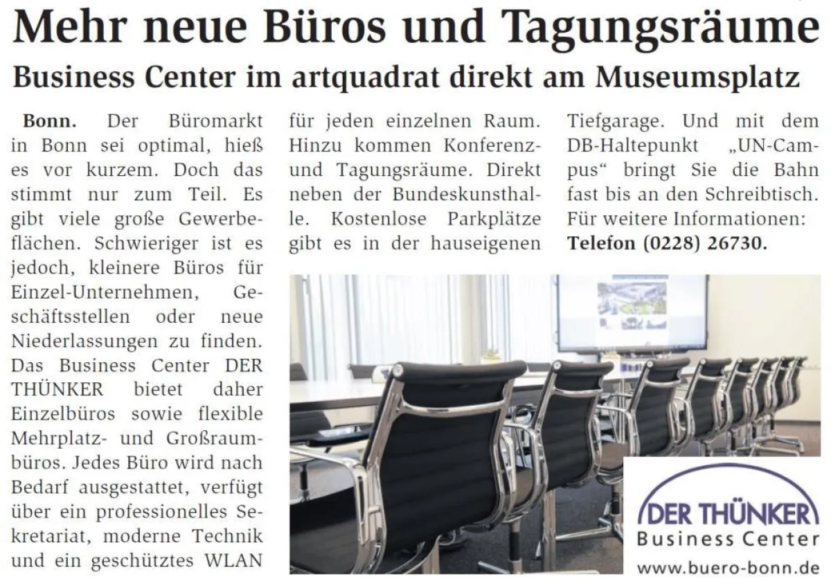 Mit mehreren Anzeigen wirbt das Business Center in Bonn unter anderem für Büros und Konferenzräume