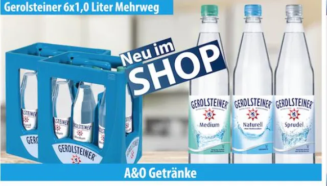 Bild: Schön leicht: Neue 1-Liter-PET-Flasche von Gerolsteiner im 6er-Kasten beim Getränkelieferservice A&O Getränke