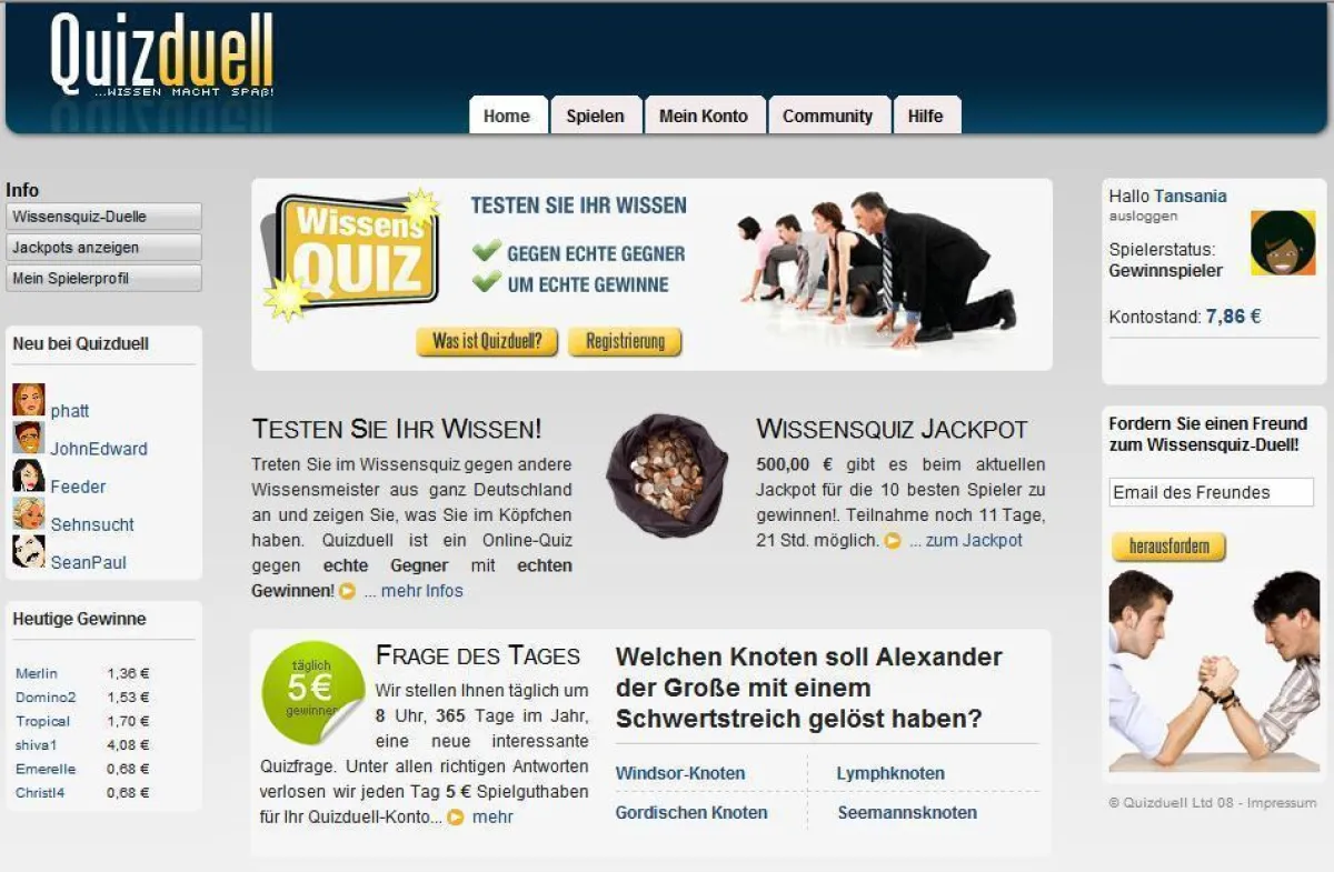 Startseite nach erfolgreichem Login