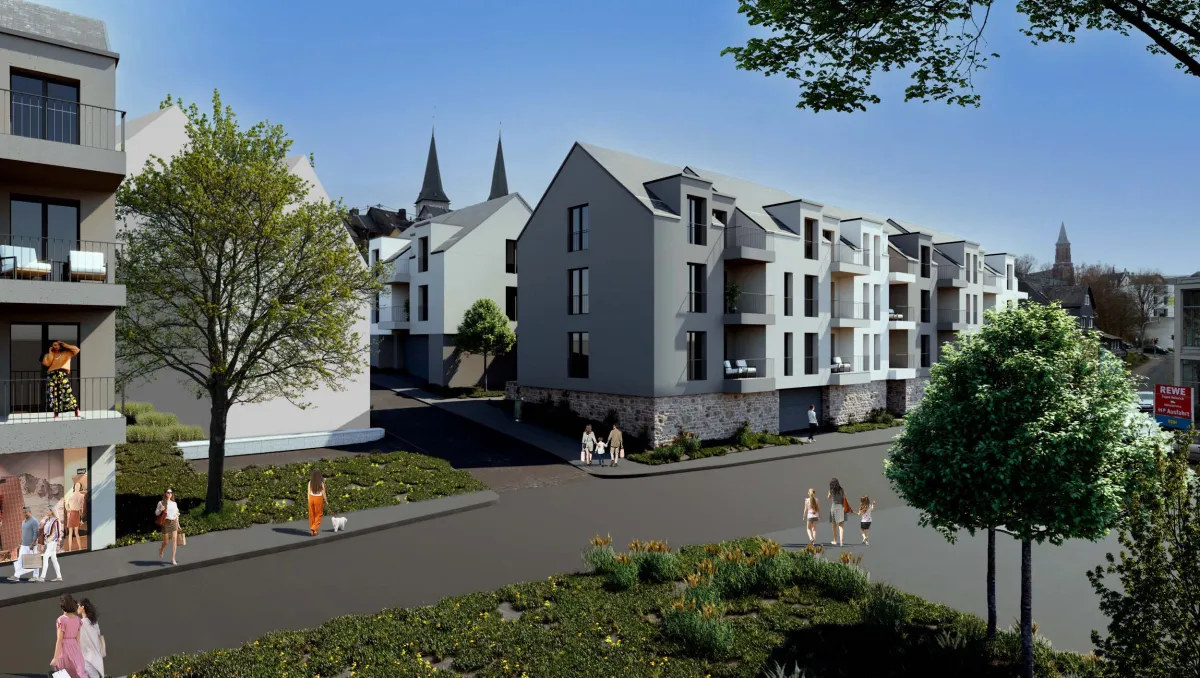 Neue Wohnhäuser und eine kleine Gewerbefläche entstehen an der Hospitalstraße in Montabaur. (© Visualisierung - fries architekten®)