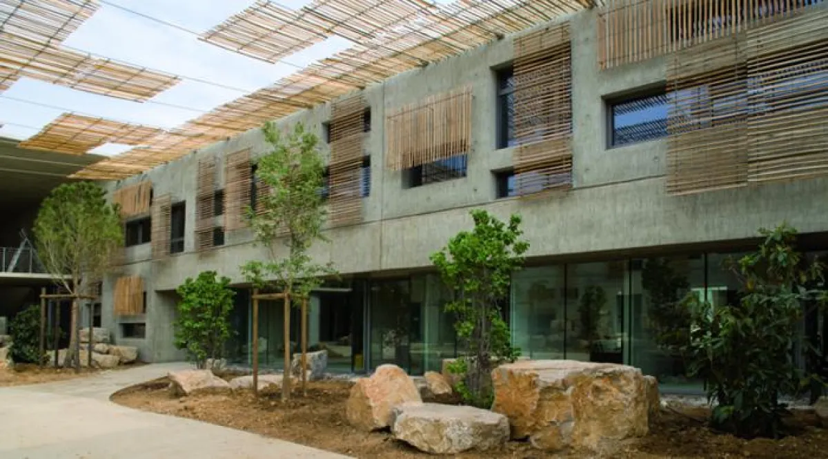 Die Sichtbeton-Oberflächen der Wände des Lycée Marc Bloch in Sérignan sind stilisierte Schildfbündel