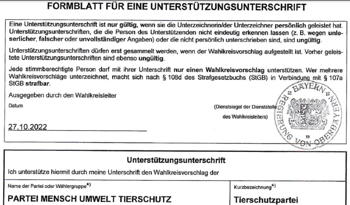 So sieht der Kopf eines Unterstützungsformulars aus. (© Landeswahlleiter Bayern)