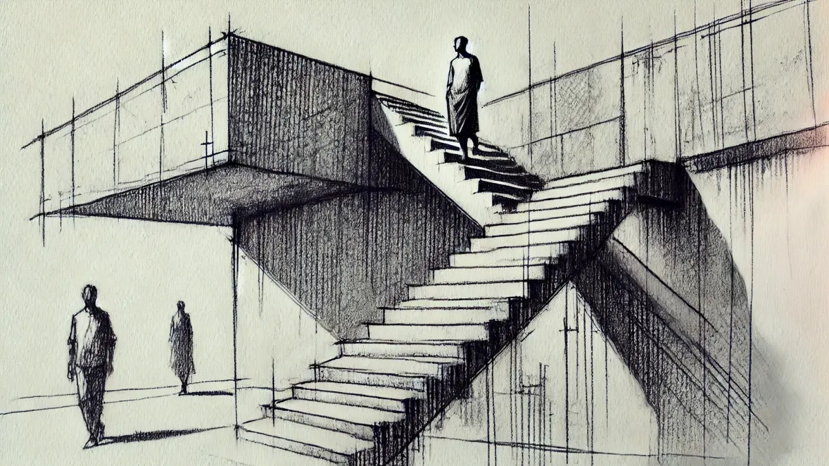 Das Modell zwischen Linien und Raum: eine stille Choreografie auf der Betontreppe. (© DREIFISCH)