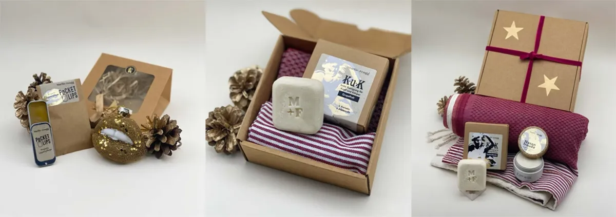 Die drei weihnachtlichen Geschenksets von Marlie+Fengg: schön, nachhaltig und plastikfrei (© Marlie+Fengg)