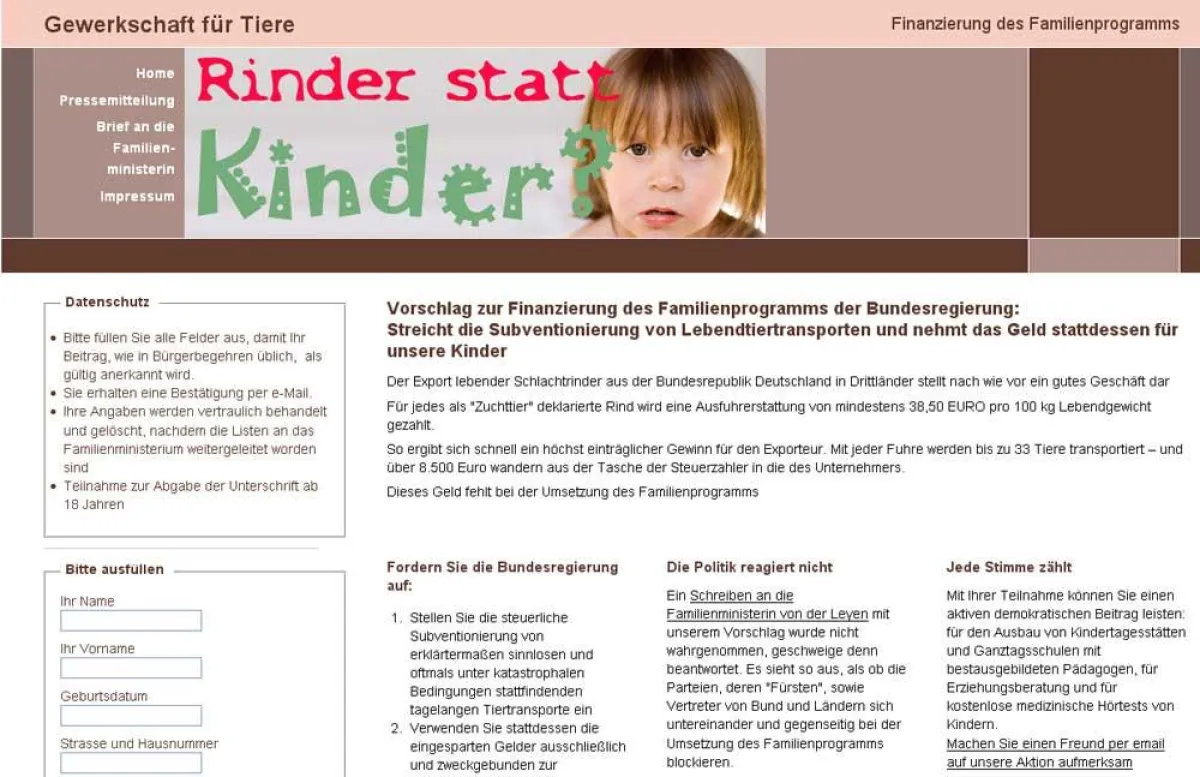 Aufforderung zum Handeln: Das Internetportal der Gewerkschaft für Tiere
