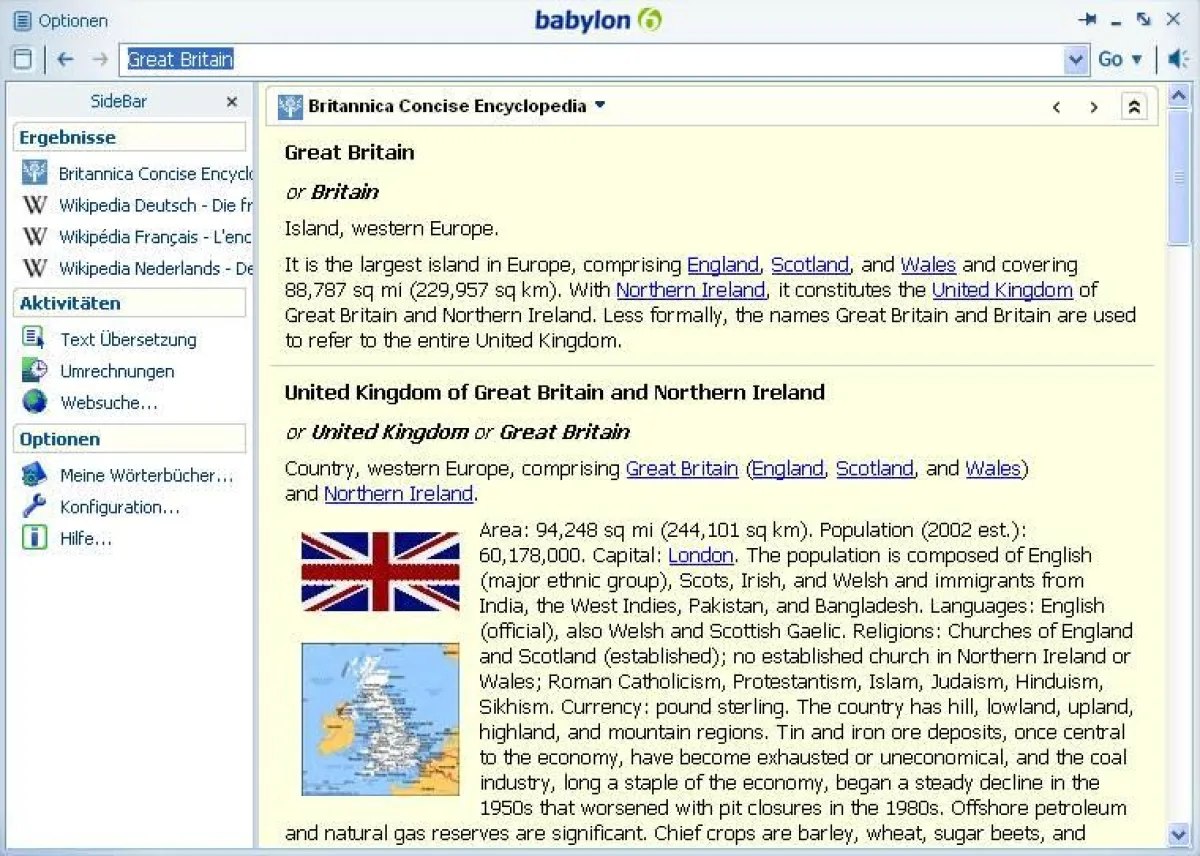 Babylon-Popup-Fenster: Babylon liefert Ergebnisse aus vielen kostenfreien Quellen und zusätzlichen kostenpflichtigen Verlagswerken wie der Britannica Concise Encyclopedia (Quelle: Babylon)