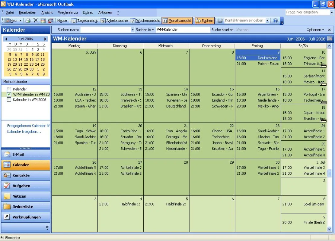 Spielplan der Fußball-WM 2006 im Kalender von Microsoft Outlook