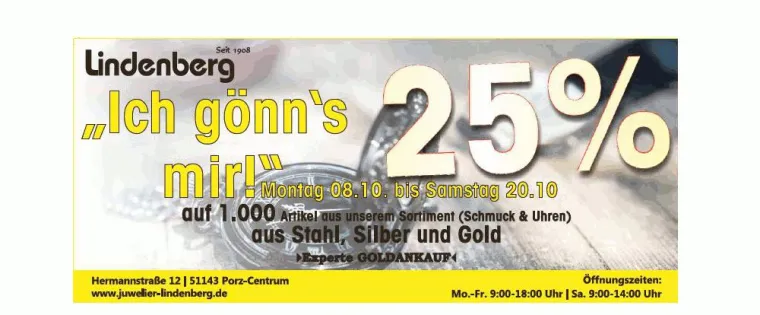 „Gönn's mir“-Woche bei Juwelier Lindenberg in Köln- 25 Prozent Rabatt! Bild: „Gönn's mir“-Woche bei Juwelier Lindenberg in Köln- 25 Prozent Rabatt!