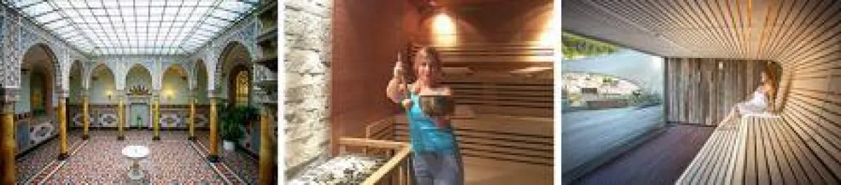 Links: Palais Thermal in Bad Wildbad; Mitte: Saunameisterin Ingrid Geschwandtner bei der Klangschale
