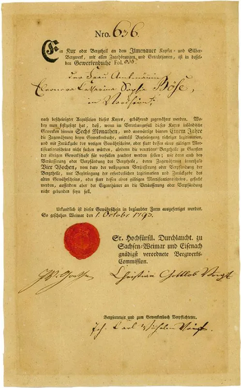 Aktie des Ilmenauer Kupfer- und Silberbergwerks mit Goethe-Signatur