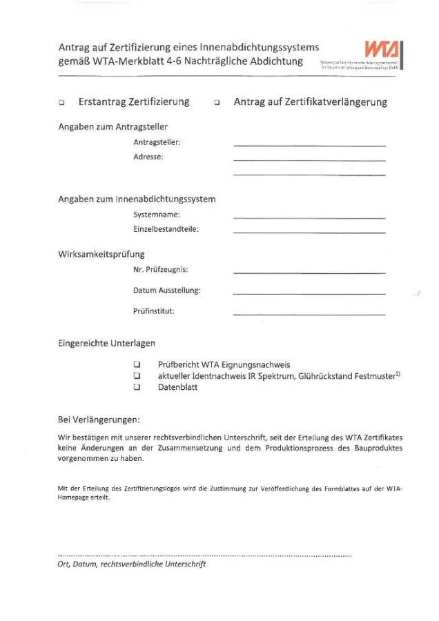 Zertifizierungsantrag WTA-Zertifizierung des Innenabdichtungssystems