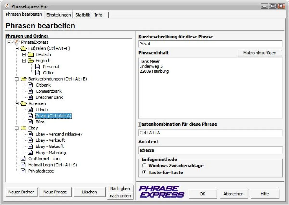 Textbausteine lassen sich in Unterordnern organisieren