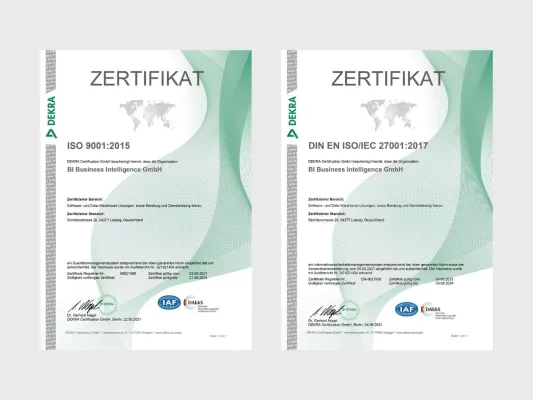 Bild: BI Business Intelligence GmbH erfolgreich zertifiziert nach ISO 9001:2015 und DIN EN ISO/IEC 27001:2017