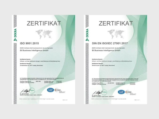 Bild: BI Business Intelligence GmbH erfolgreich zertifiziert nach ISO 9001:2015 und DIN EN ISO/IEC 27001:2017