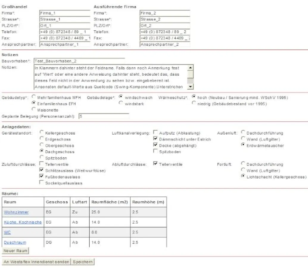 Eingabemaske des WAC Konfigurators