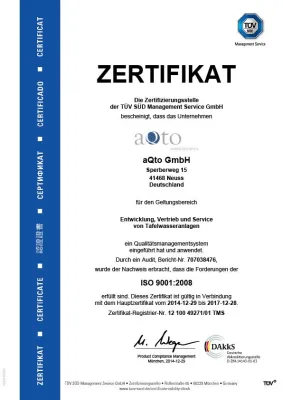 Bild: Wasserspender Spezialist aQto nach ISO 9001 zertifiziert