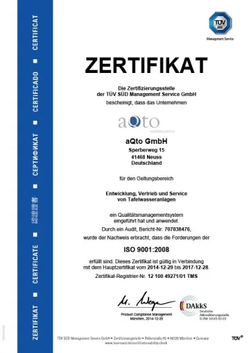 Wasserspender Spezialist aQto nach ISO 9001 zertifiziert Bild: Wasserspender Spezialist aQto nach ISO 9001 zertifiziert