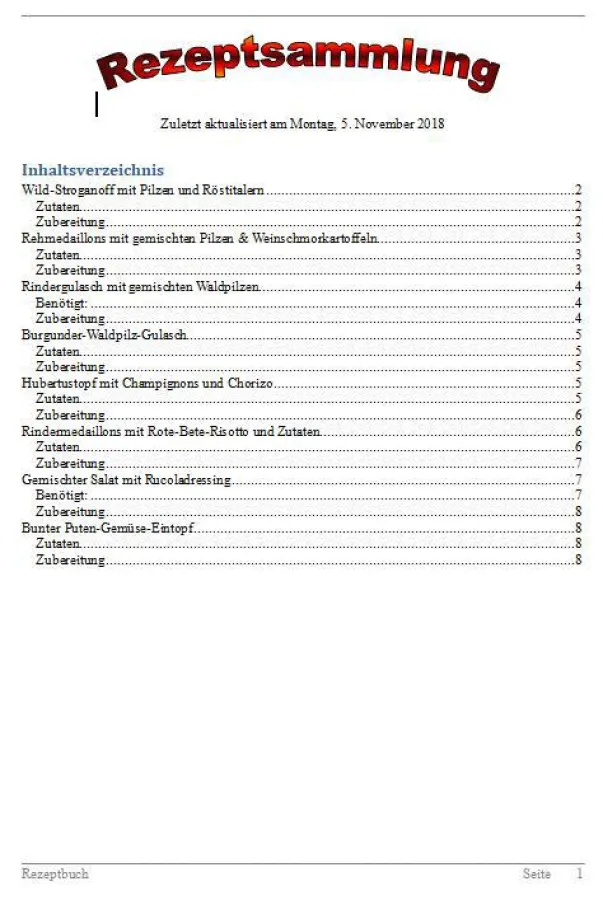 Erste Seite mit Überschrift, Inhaltsverzeichnis und Fußzeile