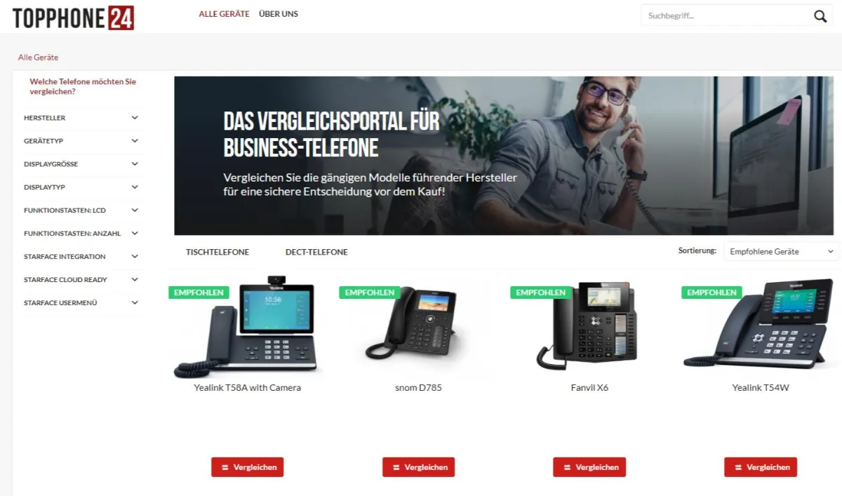 TOPPHONE24.com gibt einen schnellen Überblick über mehr als 160 IP-Telefon-Modelle.