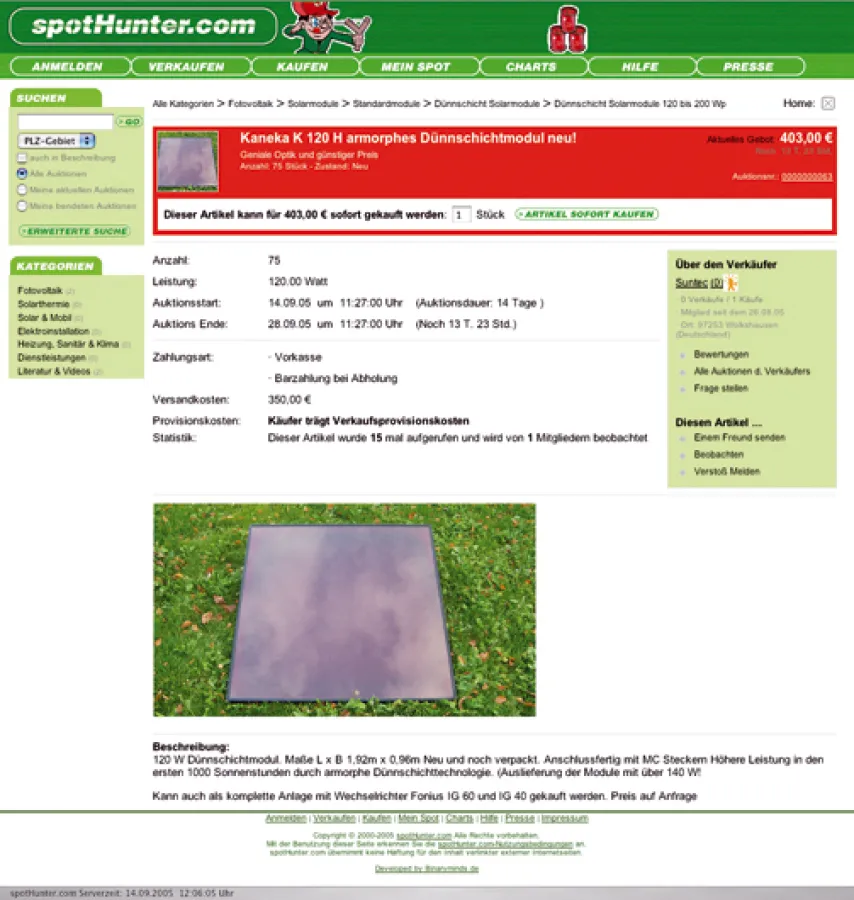 Beispielauktion bei Spothunter.com vom 14.09.05: 75 Stück Solarmodule